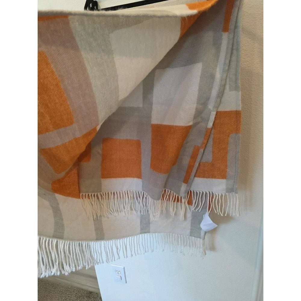 West Elm Throw Blanket Orange White Gray Abstract Fringe 44